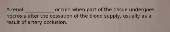 A renal ____________ occurs when part of the tissue undergoes necrosis after the cessation of the blood supply, usually as a result of artery occlusion.