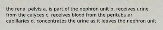 the renal pelvis a. is part of the nephron unit b. receives urine from the calyces c. receives blood from the peritubular capillaries d. concentrates the urine as it leaves the nephron unit