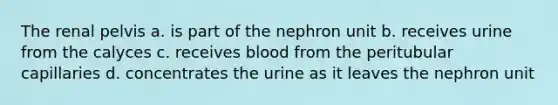 The renal pelvis a. is part of the nephron unit b. receives urine from the calyces c. receives blood from the peritubular capillaries d. concentrates the urine as it leaves the nephron unit