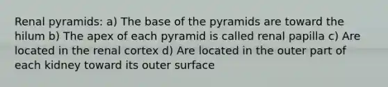 Renal pyramids: a) The base of the pyramids are toward the hilum b) The apex of each pyramid is called renal papilla c) Are located in the renal cortex d) Are located in the outer part of each kidney toward its outer surface