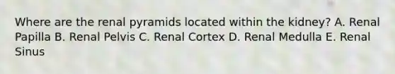 Where are the renal pyramids located within the kidney? A. Renal Papilla B. Renal Pelvis C. Renal Cortex D. Renal Medulla E. Renal Sinus