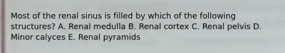 Most of the renal sinus is filled by which of the following structures? A. Renal medulla B. Renal cortex C. Renal pelvis D. Minor calyces E. Renal pyramids