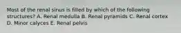 Most of the renal sinus is filled by which of the following structures? A. Renal medulla B. Renal pyramids C. Renal cortex D. Minor calyces E. Renal pelvis