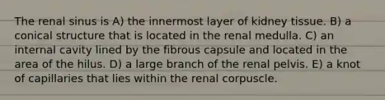 The renal sinus is A) the innermost layer of kidney tissue. B) a conical structure that is located in the renal medulla. C) an internal cavity lined by the fibrous capsule and located in the area of the hilus. D) a large branch of the renal pelvis. E) a knot of capillaries that lies within the renal corpuscle.