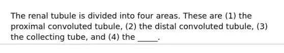 The renal tubule is divided into four areas. These are (1) the proximal convoluted tubule, (2) the distal convoluted tubule, (3) the collecting tube, and (4) the _____.