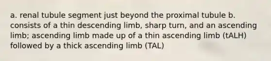 a. renal tubule segment just beyond the proximal tubule b. consists of a thin descending limb, sharp turn, and an ascending limb; ascending limb made up of a thin ascending limb (tALH) followed by a thick ascending limb (TAL)