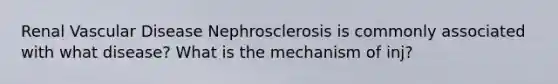 Renal Vascular Disease Nephrosclerosis is commonly associated with what disease? What is the mechanism of inj?