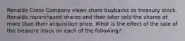 Renaldo Cross Company views share buybacks as treasury stock. Renaldo repurchased shares and then later sold the shares at more than their acquisition price. What is the effect of the sale of the treasury stock on each of the following?