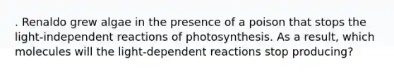 . Renaldo grew algae in the presence of a poison that stops the light-independent reactions of photosynthesis. As a result, which molecules will the light-dependent reactions stop producing?