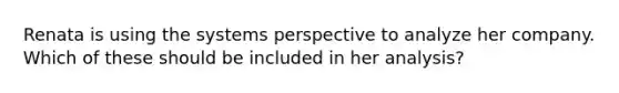 Renata is using the systems perspective to analyze her company. Which of these should be included in her analysis?