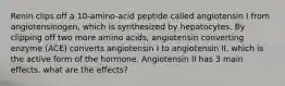 Renin clips off a 10-amino-acid peptide called angiotensin I from angiotensinogen, which is synthesized by hepatocytes. By clipping off two more amino acids, angiotensin converting enzyme (ACE) converts angiotensin I to angiotensin II, which is the active form of the hormone. Angiotensin II has 3 main effects, what are the effects?