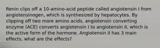 Renin clips off a 10-amino-acid peptide called angiotensin I from angiotensinogen, which is synthesized by hepatocytes. By clipping off two more amino acids, angiotensin converting enzyme (ACE) converts angiotensin I to angiotensin II, which is the active form of the hormone. Angiotensin II has 3 main effects, what are the effects?