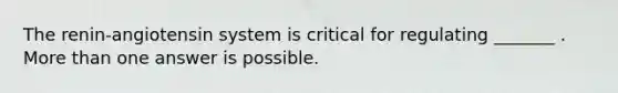 The renin-angiotensin system is critical for regulating _______ . <a href='https://www.questionai.com/knowledge/keWHlEPx42-more-than' class='anchor-knowledge'>more than</a> one answer is possible.