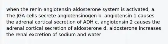 when the renin-angiotensin-aldosterone system is activated, a. The JGA cells secrete angiotensinogen b. angiotensin 1 causes the adrenal cortical secretion of ADH c. angiotensin 2 causes the adrenal cortical secretion of aldosterone d. aldosterone increases the renal excretion of sodium and water