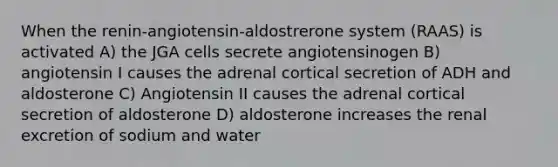 When the renin-angiotensin-aldostrerone system (RAAS) is activated A) the JGA cells secrete angiotensinogen B) angiotensin I causes the adrenal cortical secretion of ADH and aldosterone C) Angiotensin II causes the adrenal cortical secretion of aldosterone D) aldosterone increases the renal excretion of sodium and water