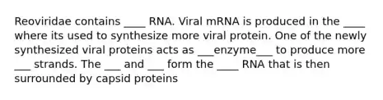 Reoviridae contains ____ RNA. Viral mRNA is produced in the ____ where its used to synthesize more viral protein. One of the newly synthesized viral proteins acts as ___enzyme___ to produce more ___ strands. The ___ and ___ form the ____ RNA that is then surrounded by capsid proteins