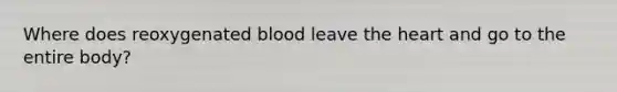 Where does reoxygenated blood leave <a href='https://www.questionai.com/knowledge/kya8ocqc6o-the-heart' class='anchor-knowledge'>the heart</a> and go to the entire body?