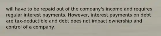 will have to be repaid out of the company's income and requires regular interest payments. However, interest payments on debt are tax-deductible and debt does not impact ownership and control of a company.