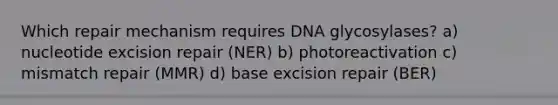 Which repair mechanism requires DNA glycosylases? a) nucleotide excision repair (NER) b) photoreactivation c) mismatch repair (MMR) d) base excision repair (BER)