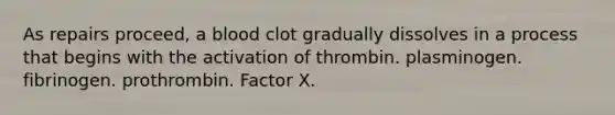 As repairs proceed, a blood clot gradually dissolves in a process that begins with the activation of thrombin. plasminogen. fibrinogen. prothrombin. Factor X.