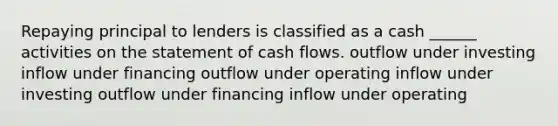 Repaying principal to lenders is classified as a cash ______ activities on the statement of cash flows. outflow under investing inflow under financing outflow under operating inflow under investing outflow under financing inflow under operating