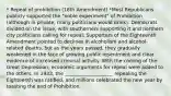 * Repeal of prohibition (18th Amendment) *Most Republicans publicly supported the "noble experiment" of Prohibition (although in private, many politicians would drink). Democrats divided on the issue, with southerners supporting it and northern city politicians calling for repeal. Supporters of the Eighteenth Amendment pointed to declines in alcoholism and alcohol-related deaths, but as the years passed, they gradually weakened in the face of growing public resentment and clear evidence of increased criminal activity. With the coming of the Great Depression, economic arguments for repeal were added to the others. In 1933, the ____________________ repealing the Eighteenth was ratiﬁed, and millions celebrated the new year by toasting the end of Prohibition.