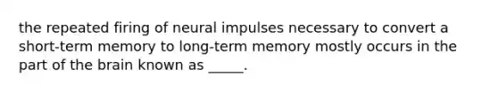 the repeated firing of neural impulses necessary to convert a short-term memory to long-term memory mostly occurs in the part of the brain known as _____.