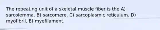 The repeating unit of a skeletal muscle fiber is the A) sarcolemma. B) sarcomere. C) sarcoplasmic reticulum. D) myofibril. E) myofilament.