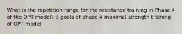 What is the repetition range for the resistance training in Phase 4 of the OPT model? 3 goals of phase 4 maximal strength training of OPT model