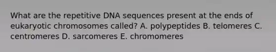 What are the repetitive DNA sequences present at the ends of eukaryotic chromosomes called? A. polypeptides B. telomeres C. centromeres D. sarcomeres E. chromomeres