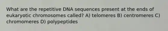 What are the repetitive DNA sequences present at the ends of eukaryotic chromosomes called? A) telomeres B) centromeres C) chromomeres D) polypeptides