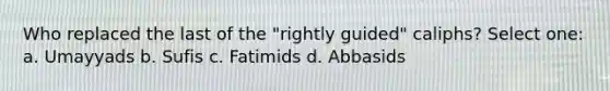 Who replaced the last of the "rightly guided" caliphs? Select one: a. Umayyads b. Sufis c. Fatimids d. Abbasids