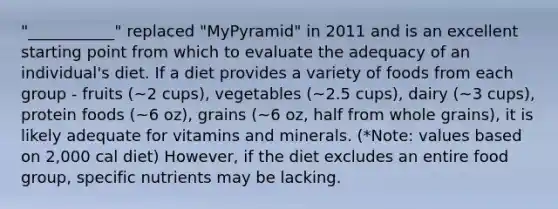 "___________" replaced "MyPyramid" in 2011 and is an excellent starting point from which to evaluate the adequacy of an individual's diet. If a diet provides a variety of foods from each group - fruits (~2 cups), vegetables (~2.5 cups), dairy (~3 cups), protein foods (~6 oz), grains (~6 oz, half from whole grains), it is likely adequate for vitamins and minerals. (*Note: values based on 2,000 cal diet) However, if the diet excludes an entire food group, specific nutrients may be lacking.