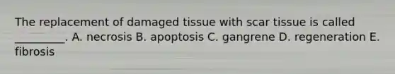 The replacement of damaged tissue with scar tissue is called _________. A. necrosis B. apoptosis C. gangrene D. regeneration E. fibrosis