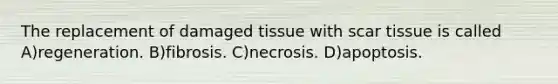 The replacement of damaged tissue with scar tissue is called A)regeneration. B)fibrosis. C)necrosis. D)apoptosis.