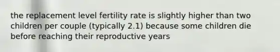 the replacement level fertility rate is slightly higher than two children per couple (typically 2.1) because some children die before reaching their reproductive years