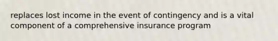 replaces lost income in the event of contingency and is a vital component of a comprehensive insurance program