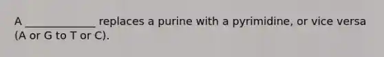 A _____________ replaces a purine with a pyrimidine, or vice versa (A or G to T or C).