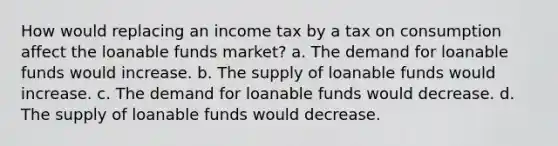 How would replacing an income tax by a tax on consumption affect the loanable funds market? a. The demand for loanable funds would increase. b. The supply of loanable funds would increase. c. The demand for loanable funds would decrease. d. The supply of loanable funds would decrease.