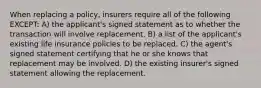 When replacing a policy, insurers require all of the following EXCEPT: A) the applicant's signed statement as to whether the transaction will involve replacement. B) a list of the applicant's existing life insurance policies to be replaced. C) the agent's signed statement certifying that he or she knows that replacement may be involved. D) the existing insurer's signed statement allowing the replacement.