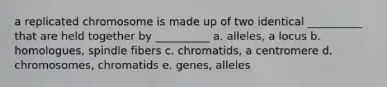 a replicated chromosome is made up of two identical __________ that are held together by __________ a. alleles, a locus b. homologues, spindle fibers c. chromatids, a centromere d. chromosomes, chromatids e. genes, alleles