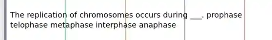 The replication of chromosomes occurs during ___. prophase telophase metaphase interphase anaphase