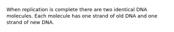 When replication is complete there are two identical DNA molecules. Each molecule has one strand of old DNA and one strand of new DNA.