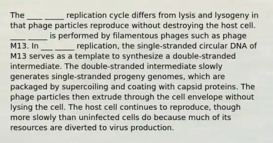 The ____ _____ replication cycle differs from lysis and lysogeny in that phage particles reproduce without destroying the host cell. ____ _____ is performed by filamentous phages such as phage M13. In ___ _____ replication, the single-stranded circular DNA of M13 serves as a template to synthesize a double-stranded intermediate. The double-stranded intermediate slowly generates single-stranded progeny genomes, which are packaged by supercoiling and coating with capsid proteins. The phage particles then extrude through the cell envelope without lysing the cell. The host cell continues to reproduce, though more slowly than uninfected cells do because much of its resources are diverted to virus production.