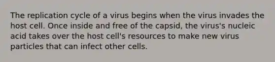 The replication cycle of a virus begins when the virus invades the host cell. Once inside and free of the capsid, the virus's nucleic acid takes over the host cell's resources to make new virus particles that can infect other cells.