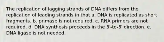 The replication of lagging strands of DNA differs from the replication of leading strands in that a. DNA is replicated as short fragments. b. primase is not required. c. RNA primers are not required. d. DNA synthesis proceeds in the 3′-to-5′ direction. e. DNA ligase is not needed.