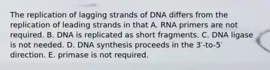 The replication of lagging strands of DNA differs from the replication of leading strands in that A. RNA primers are not required. B. DNA is replicated as short fragments. C. DNA ligase is not needed. D. DNA synthesis proceeds in the 3′-to-5′ direction. E. primase is not required.