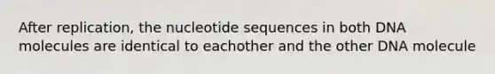 After replication, the nucleotide sequences in both DNA molecules are identical to eachother and the other DNA molecule