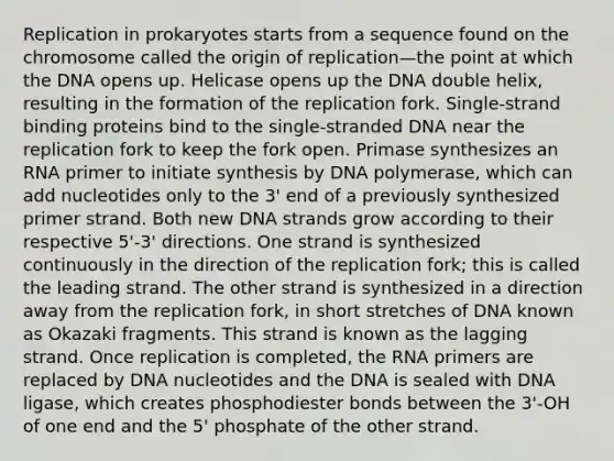 Replication in prokaryotes starts from a sequence found on the chromosome called the origin of replication—the point at which the DNA opens up. Helicase opens up the DNA double helix, resulting in the formation of the replication fork. Single-strand binding proteins bind to the single-stranded DNA near the replication fork to keep the fork open. Primase synthesizes an RNA primer to initiate synthesis by DNA polymerase, which can add nucleotides only to the 3' end of a previously synthesized primer strand. Both new DNA strands grow according to their respective 5'-3' directions. One strand is synthesized continuously in the direction of the replication fork; this is called the leading strand. The other strand is synthesized in a direction away from the replication fork, in short stretches of DNA known as Okazaki fragments. This strand is known as the lagging strand. Once replication is completed, the RNA primers are replaced by DNA nucleotides and the DNA is sealed with DNA ligase, which creates phosphodiester bonds between the 3'-OH of one end and the 5' phosphate of the other strand.