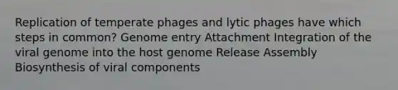 Replication of temperate phages and lytic phages have which steps in common? Genome entry Attachment Integration of the viral genome into the host genome Release Assembly Biosynthesis of viral components